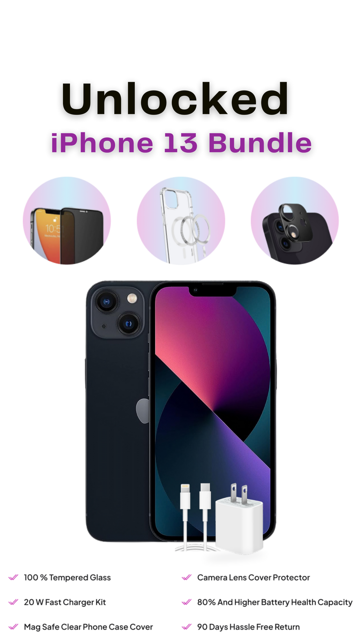 iPhone 13 Bundle — Phone + Case + Screen Protector + Camera Cover